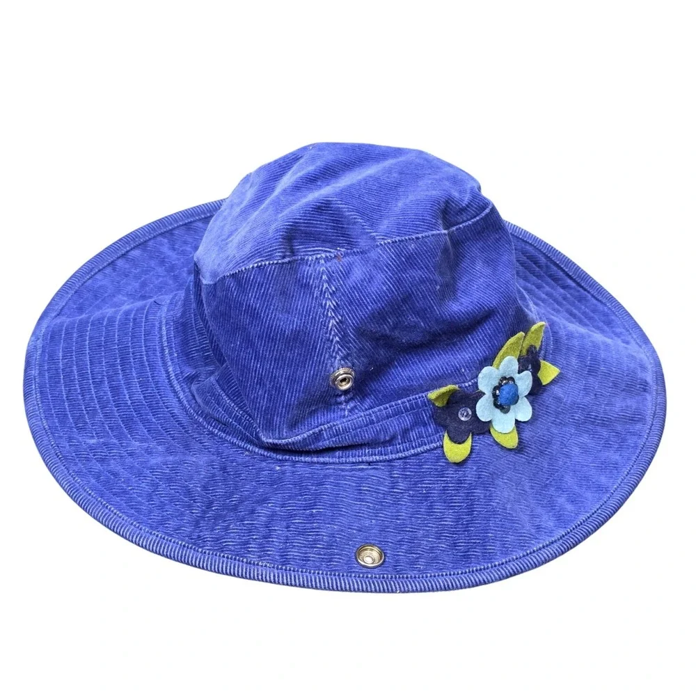 The Childrens Place Corduroy Sun Bucket Hat Girls 7-8 Blue Flower Snap‎ Up Sides